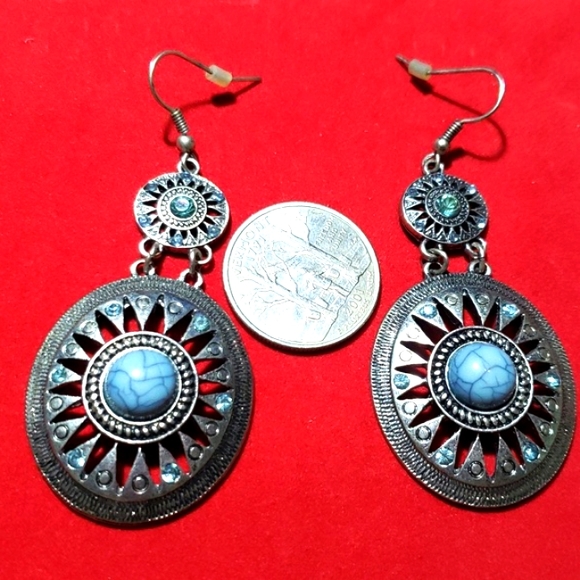 Antique Turquoise Double Beautiful Earrings Silver Tone &  Stones - Picture 10 of 12